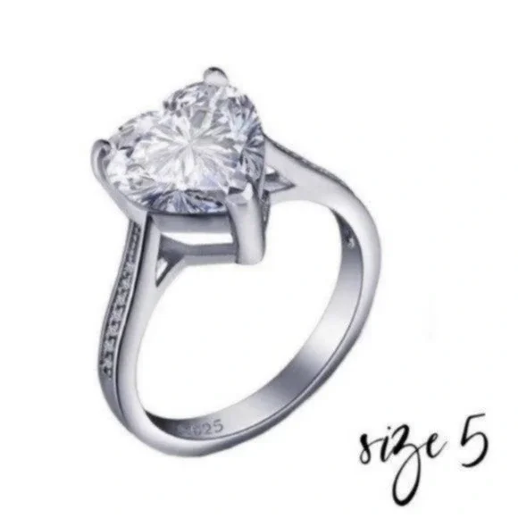 4 Carat Diamond Sterling Silver Heart Solitaire Ring Size 5 - Picture 2 of 7